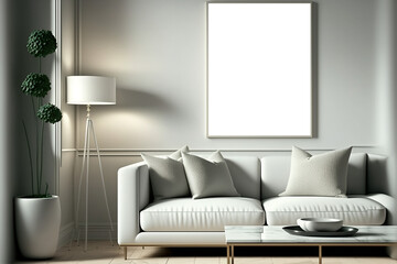 Blank picture frame Mockup on light gray/white wall. Modern living room design. View in front of a sofa, minimalism concept