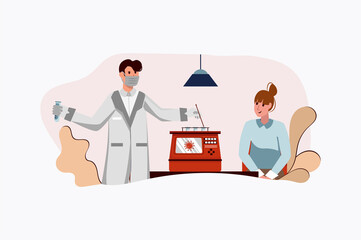 Concept PCR test with people scene in the flat cartoon style. Woman takes a PCR test to find out if she has COVID-19 virus in her body.