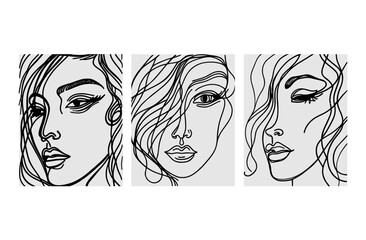 Set of portraits. Simple, minimalist vector illustration of beautiful woman face. line drawing