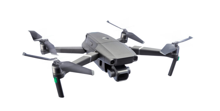 Flying drone with rotating blades on a transparent background