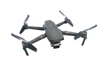 Flying drone with rotating blades, isolated on transparent background