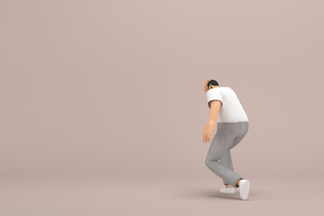 Obraz premium The man with beard wearinggray corduroy pants and white collar t-shirt. He is sad or in pain. 3d illustrator of cartoon character in acting.