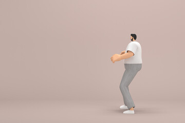 Fototapeta na wymiar The man with beard wearinggray corduroy pants and white collar t-shirt. He is doing exercise. 3d rendering of cartoon character in acting.