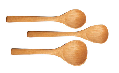 Three different wooden spoons isolated on a transparent background