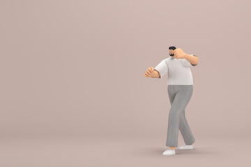 The man with beard wearinggray corduroy pants and white collar t-shirt.  He is doing exercise.  3d rendering of cartoon character in acting.