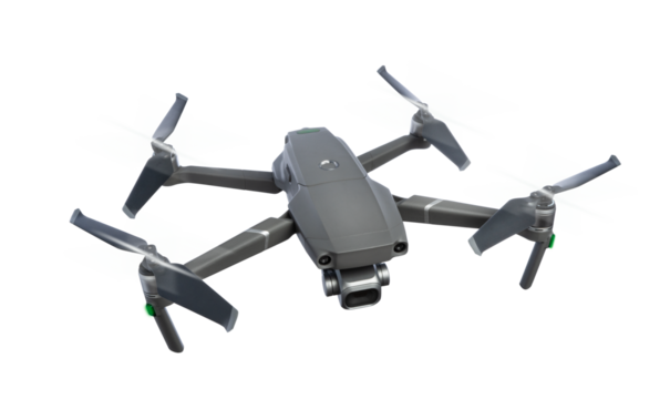 Flying drone with rotating blades, isolated on transparent background