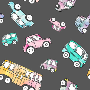 Retro style cars and bus watercolor painting - seamless pattern on gray color background