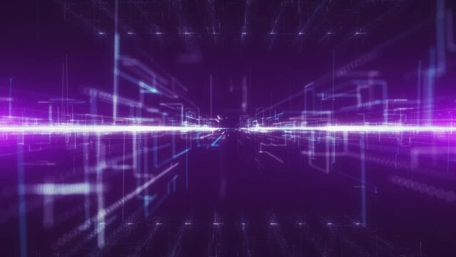 Inside an abstract digital cyberspace. Information flows through broken, winding, high-speed lines of communication and data analysis.
