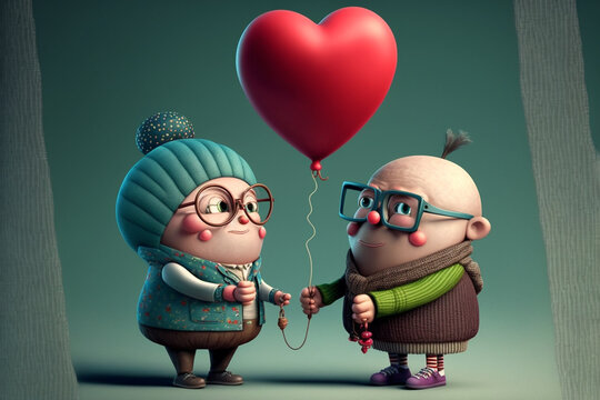 Cute couple holding a heart shaped balloon. Generative AI. 