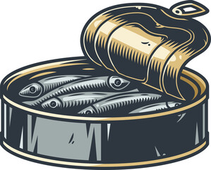 Element of a sprat or tuna fish in tin can for camping and travel. Colored vector Illustration for traveler and tourist. Outdoor adventure equipment