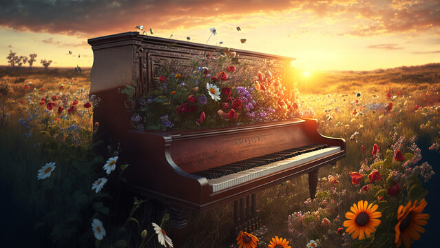 flowers covered the Piano in the sunset. Generative AI	
