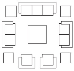 2D graphic drawing of the top view layout of the sofa set and its side furniture such as coffee table and side table. Drawing in black and white using CAD.
