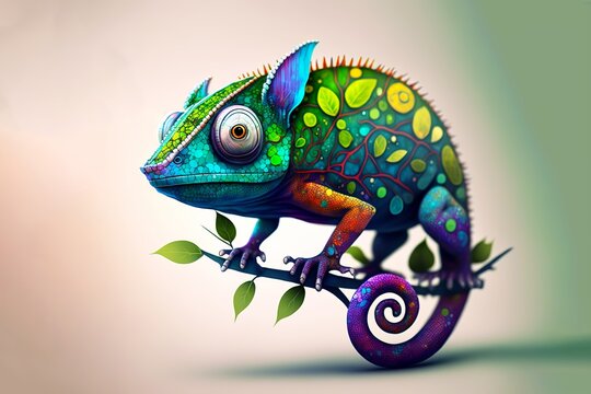 Cute Transforming Chameleon in Many Colors, Illustration Created with Generative AI