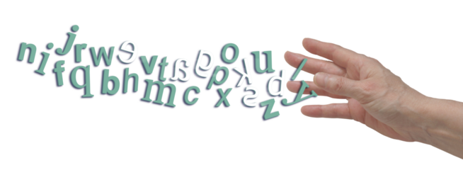 Chaotic jumbled complete alphabet with reversed letters depicting dyslexia flowing into open hand transparent png file