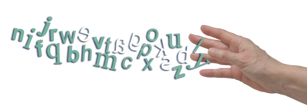 Chaotic jumbled complete alphabet with reversed letters depicting dyslexia flowing into open hand transparent png file