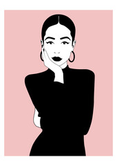 Black and white silhouette of a woman on a rectangle pink background. Beauty modern illustration