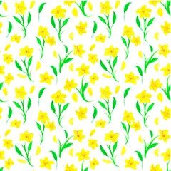 Vintage floral background. Seamless pattern for design and fashion prints. Floral pattern with small yellow flowers and green leaves on a white background.