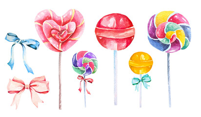Lollipop, Candy hand painted with watercolors.Candy swirl rainbow round.Sweets for children.Isolated on white background.Clipping path.