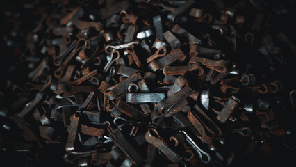 Old metal elements of mechanical in train for industrial background.