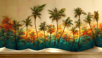 3d Wallpaper design with beach and palm trees for photomura