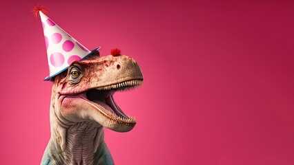 dinosaur celebrating birthday or carnival wearing party hat. Isolated on pink colored background.