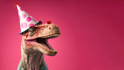 Keuken spatwand met foto dinosaur celebrating birthday or carnival wearing party hat. Isolated on pink colored background. © whatcara