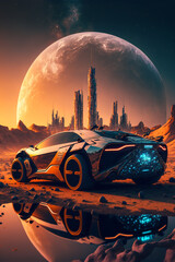 Fototapeta na wymiar Sci-fi Futuristic Retro Car. Retrowave Car. Artificial Intelligence Art Gaming Artworks
