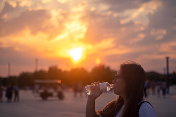 Young woman drink water at sunset