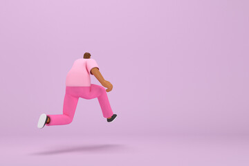 The black man with pink clothes.  He is running. 3d rendering of cartoon character in acting.