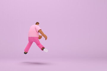 Fototapeta na wymiar The black man with pink clothes. He is jumping. 3d rendering of cartoon character in acting.