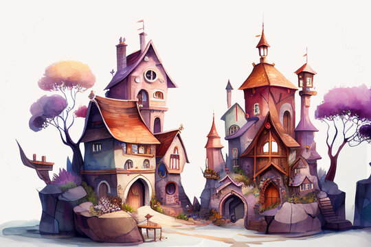 Imaginative, colorful illustration of cute fantasy town, generative ai, digital art, isolated on white background