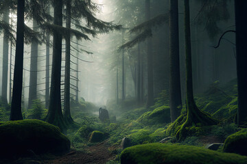 Green forest with fog, Generative AI