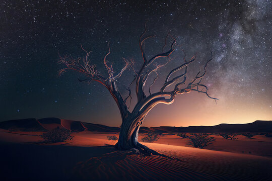Dry tree in the middle of the desert under the stars. Generative AI