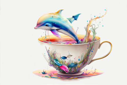 Imaginative, colorful illustration of cute fantasy dolphin in a teacup, generative ai, digital art, isolated on white background