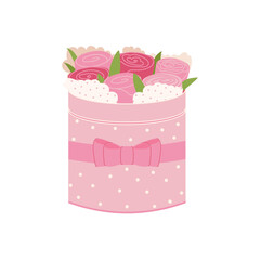 pink roses in a round box and cute small bow isolated on white background. Gift flower box vector flat illustration. Happy Valentines day