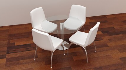 Glass table and four white chairs. 3D Rendering.
