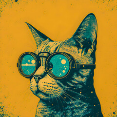 Vintage poster, Cat whit glasses illustration Generative AI