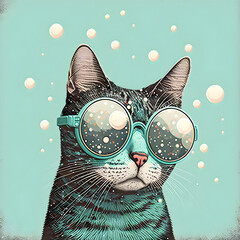 Vintage poster, Cat whit glasses illustration Generative AI