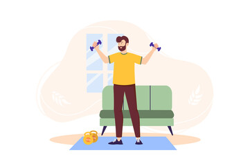 Concept Fitness at home with people scene in the flat cartoon design. Man does physical exercises at home to keep his body healthy.