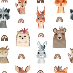 Obraz premium Watercolor seamless pattern with boho animals. Hand drawn illustration for fabric, wrapping paper, etc.