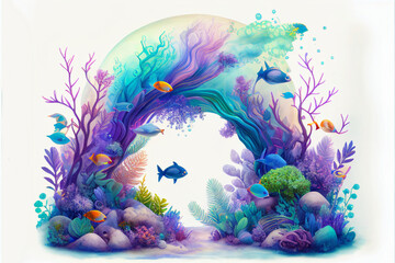 Fototapeta na wymiar Imaginative, colorful illustration of cute fantasy underwater environment, generative ai, digital art, isolated on white background