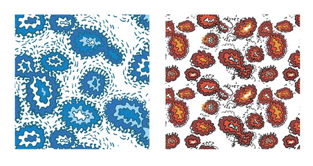 Pack cov 19. Stylized drawing of a coronavirus under a microscope. Image of the virus under a microscope