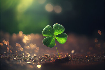 Four-leaf green clover for good luck on St. Patrick's day, nature background, four-leaf clover plant symbol of Ireland leprechaun, fairy fantasy. Generative AI
