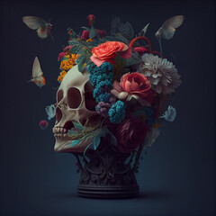 Still life with skull and flowers. Life and death concept. The day of the Dead. Vintage futuristic stylized. Ai generated.