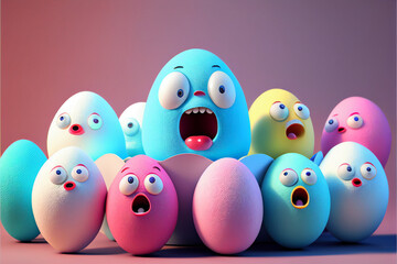 Colorful Easter eggs in a group of characters with faces of surprise and fear in their eyes, a fun concept for the spring Easter holiday. Generative AI