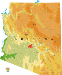 Arizona highly detailed physical map