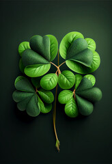 Four-leaf green clover for good luck on St. Patrick's Day, dark green background, holiday of spring, plant clover symbol. Generative AI