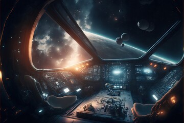 Fototapeta na wymiar View from the cockpit of a spaceship, realistic generative ai