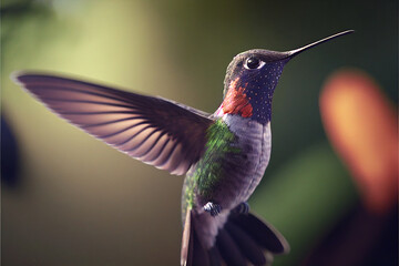 Fototapeta premium Hummingbird in flight close-up, against a background of tropical forest and plants. Generative AI