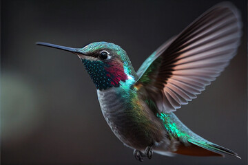 Obraz premium Hummingbird in flight close-up, against a background of tropical forest and plants. Generative AI